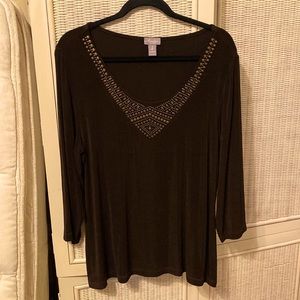 Chico’s Travelers-sz 2, brown with metallic trim at neckline. Comfy. Like new